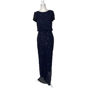 Adrianna Papell | Navy Sequin Dress with Short Sleeves & Side Split